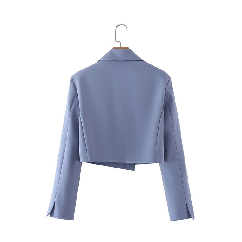 Women Elegant Single Button Jacket Short Blue Ladies Suit