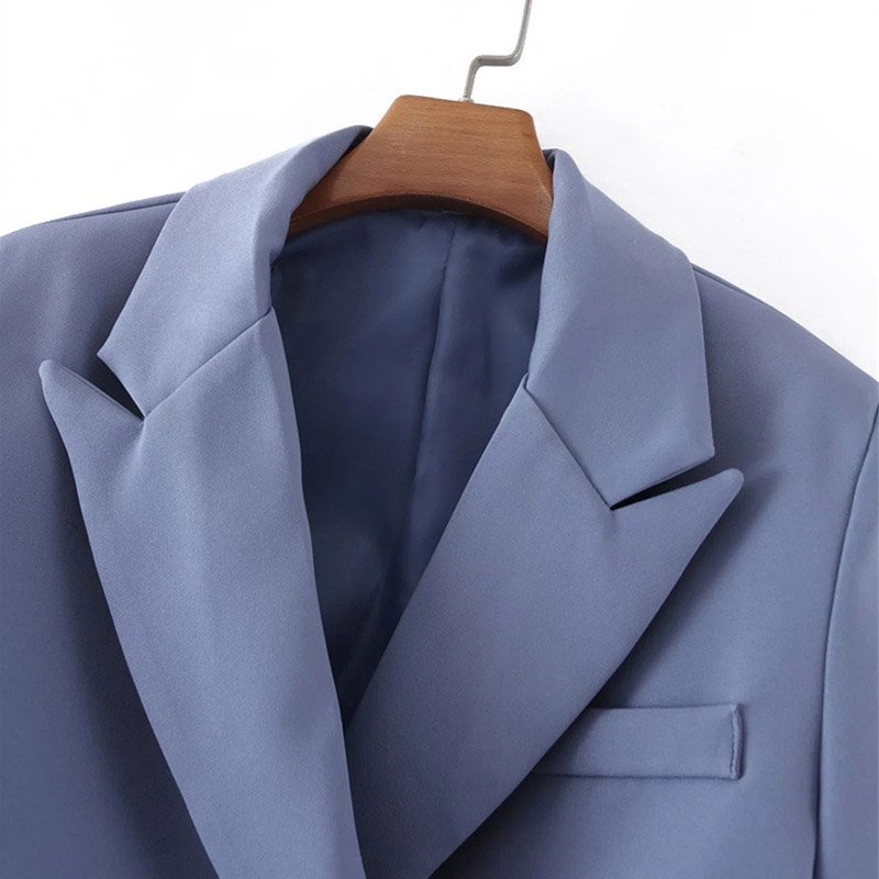 Women Elegant Single Button Jacket Short Blue Ladies Suit