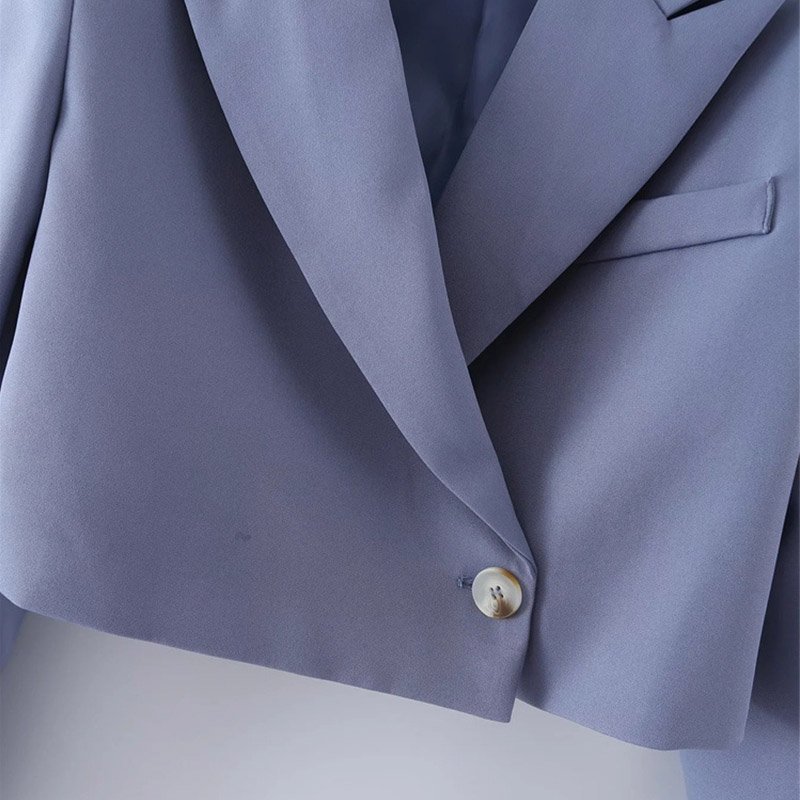 Women Elegant Single Button Jacket Short Blue Ladies Suit