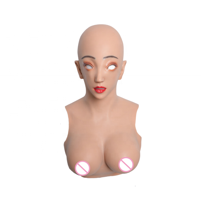 Crossdresser Party Realistic Silicone Female Face Mask Head Masquerade with D Cup Breast Forms for Transgender Cosplay