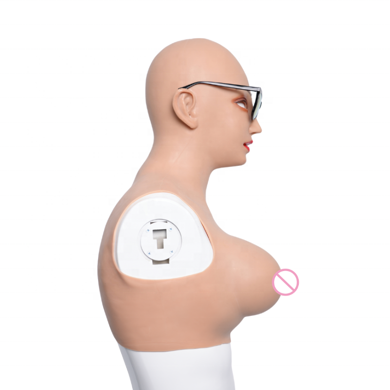 Crossdresser Party Realistic Silicone Female Face Mask Head Masquerade with D Cup Breast Forms for Transgender Cosplay