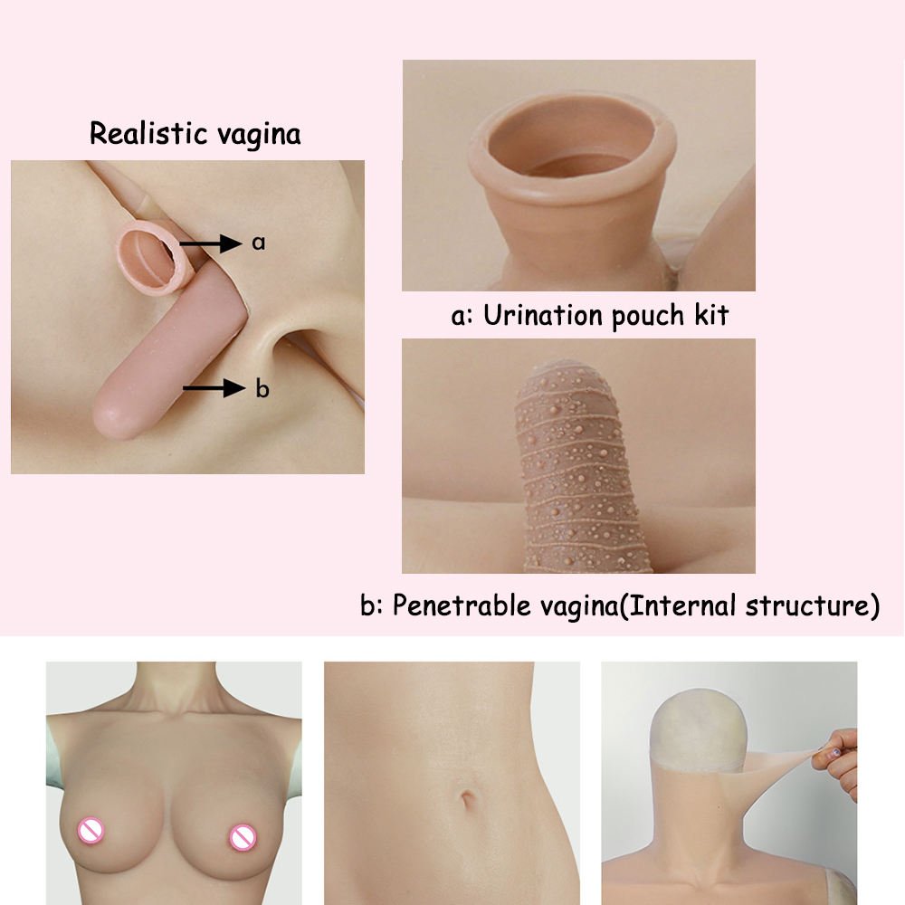 Silicone Body Suit False Breast Lifelike Fake Female Vagina With Head Mask Delicate Makeup For Cosplay Crossdresser Sissy