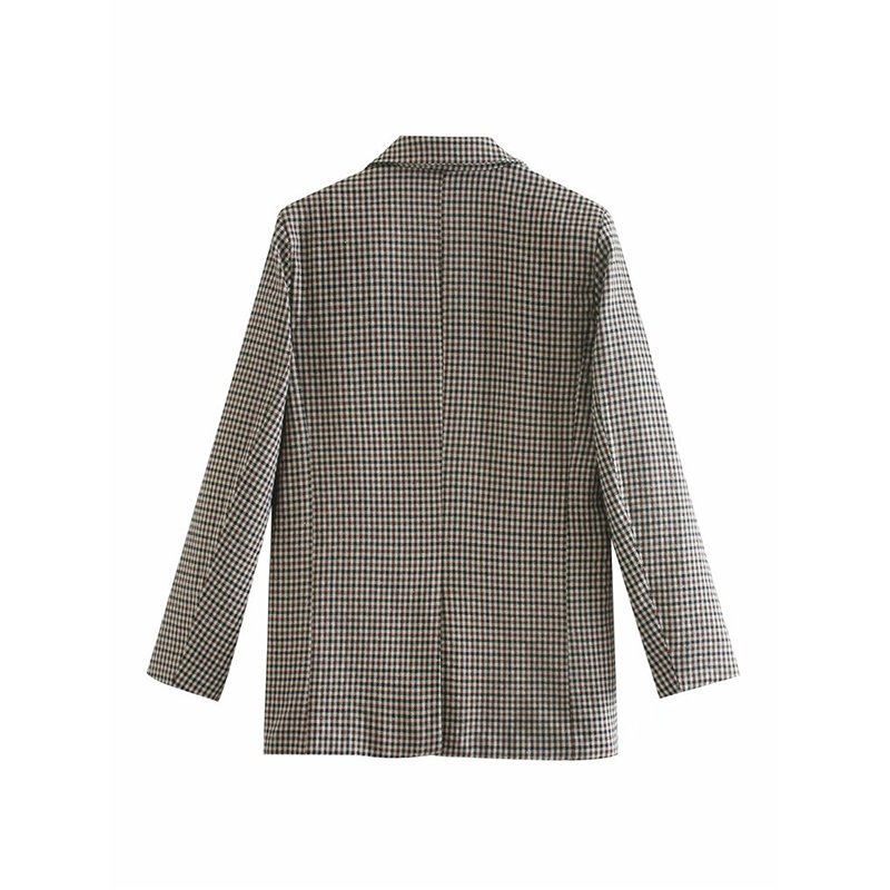 Women Plaid Double Breasted Jacket Casual Ladies Suit