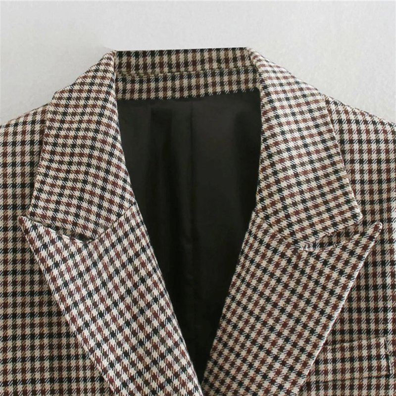 Women Plaid Double Breasted Jacket Casual Ladies Suit