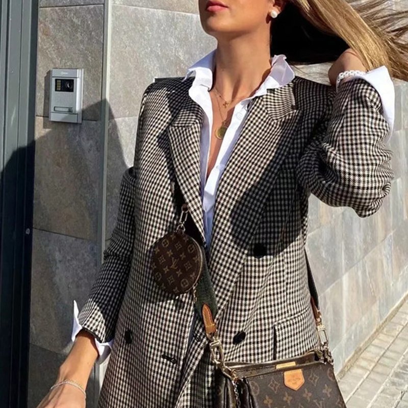 Women Plaid Double Breasted Jacket Casual Ladies Suit
