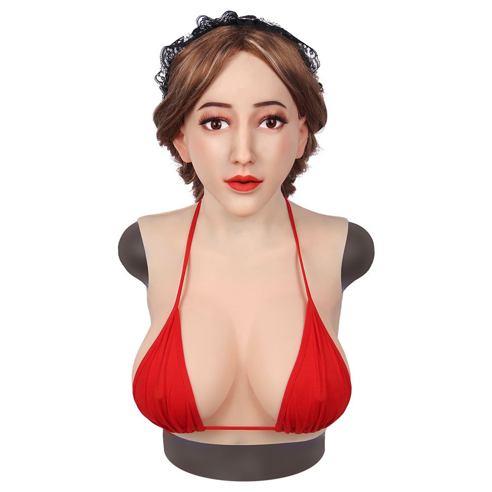 Crossdresser Silicone Fake Boobs Full Head Mask With Breast Forms Cosplay Costume For Men Drag Queen Transgender Ladyboy