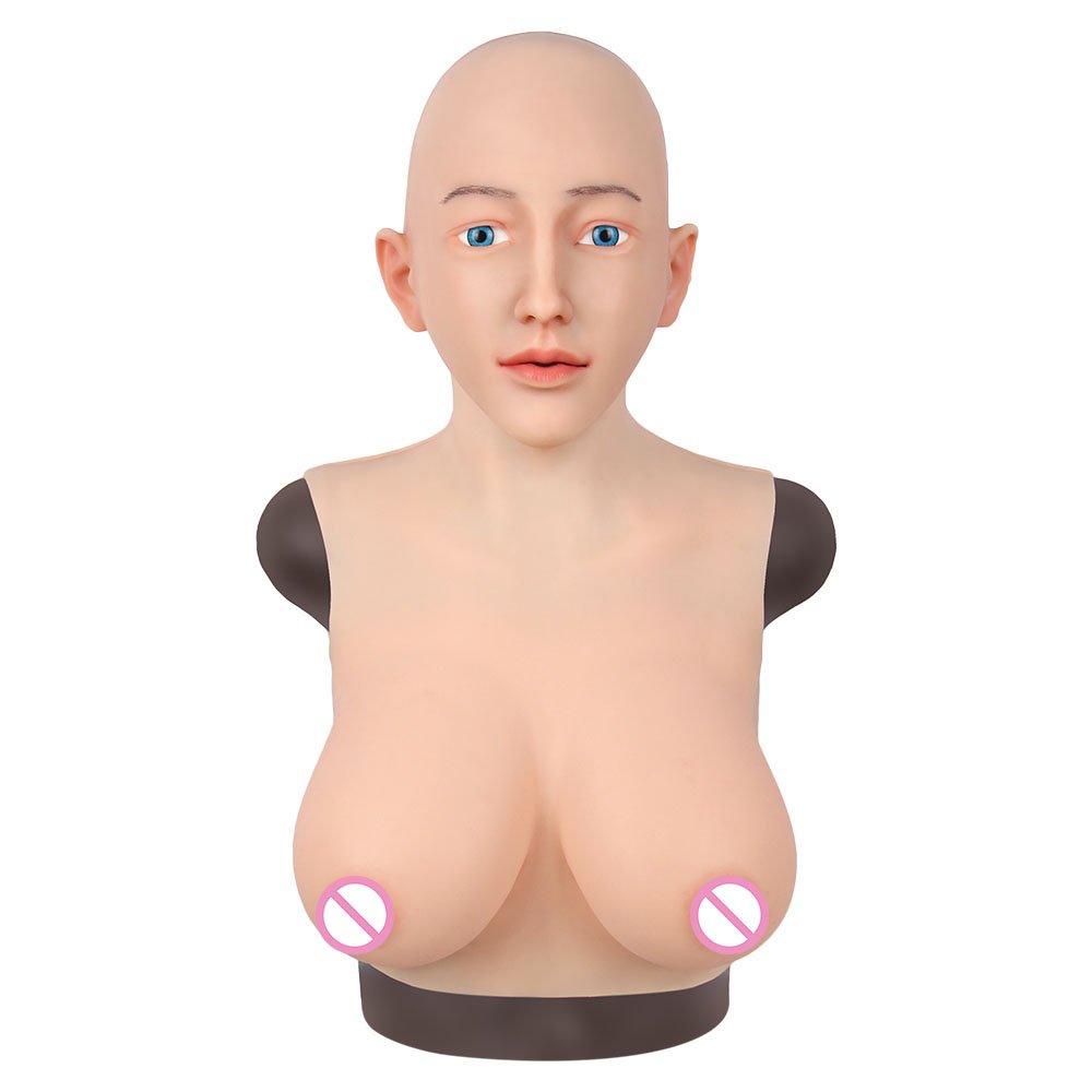 Crossdresser Silicone Fake Boobs Full Head Mask With Breast Forms Cosplay Costume For Men Drag Queen Transgender Ladyboy