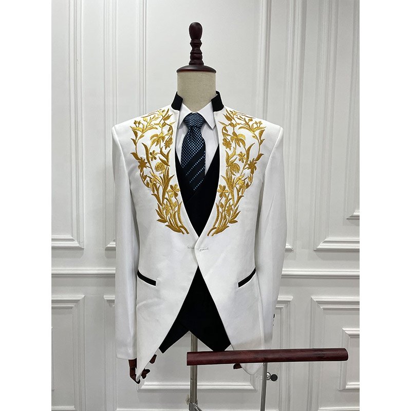 Custom Men's High Quality Gold Embroidery White Suits 3 Pieces Plus Size Slim Fit Single Breasted Forms Wedding Dress for Men