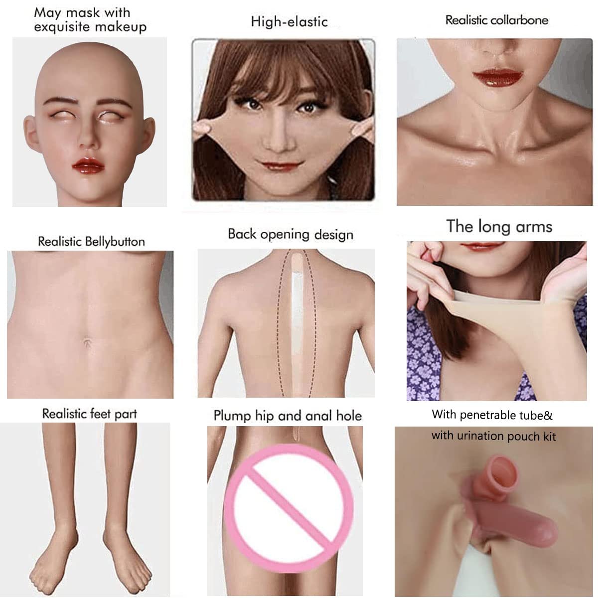 URCHOICE Artificial fake Vagina breast forms Bodysuit Silicone Breast Form with Mask Open Back Crossdress Drag Queen