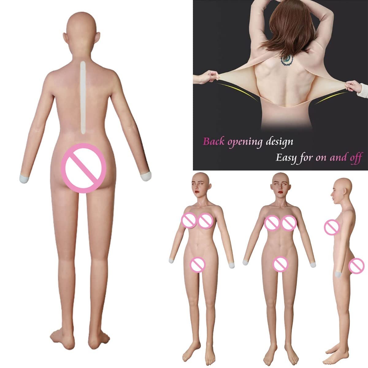 URCHOICE Artificial fake Vagina breast forms Bodysuit Silicone Breast Form with Mask Open Back Crossdress Drag Queen