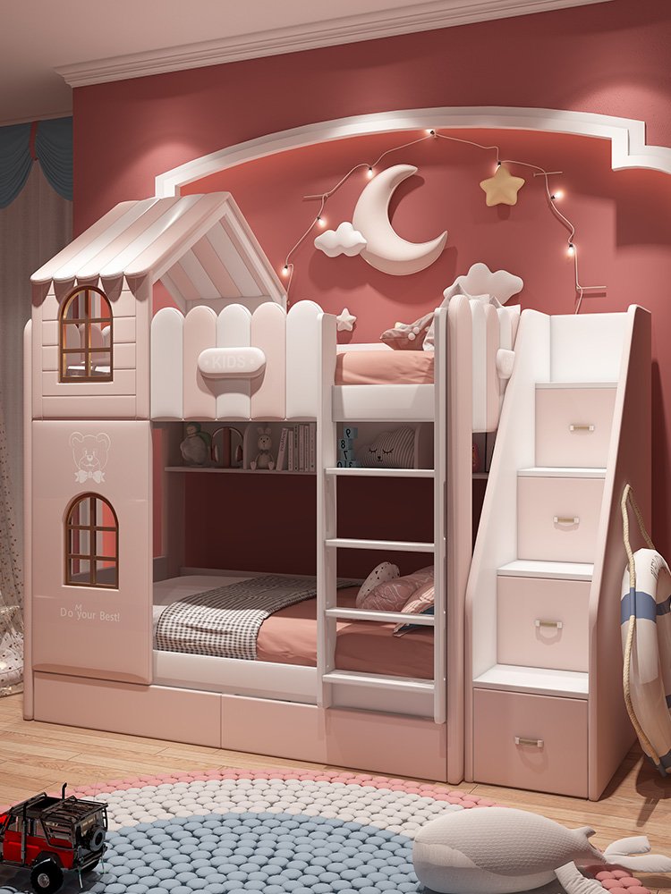 Children's bed upper and lower width girl height-adjustable bed with soft bag bunk bed economical space-saving girl's shop