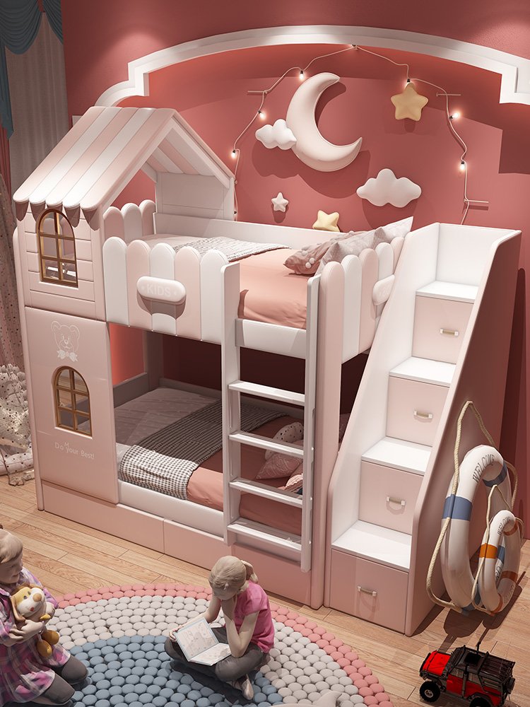 Children's bed upper and lower width girl height-adjustable bed with soft bag bunk bed economical space-saving girl's shop