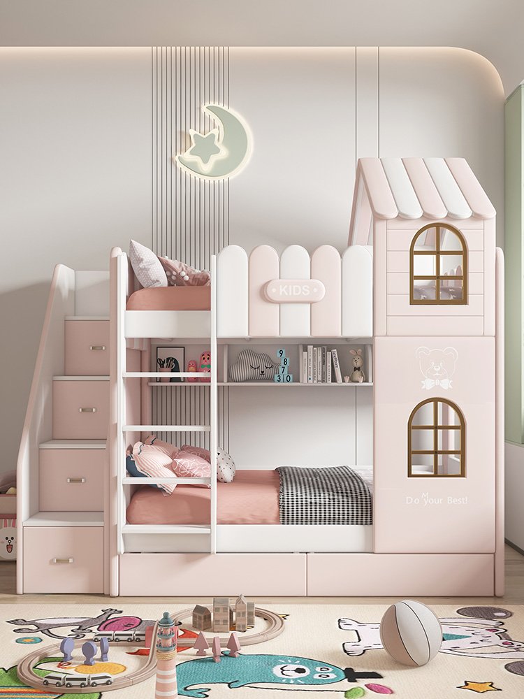 Children's bed upper and lower width girl height-adjustable bed with soft bag bunk bed economical space-saving girl's shop