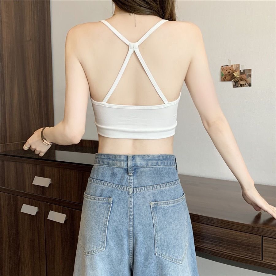 Women's Summer Cross Camisole Beautiful Back Bra Small Top Padded Breasts Ice Silk One-Piece Knitted Wire-Free Everyday Sexy