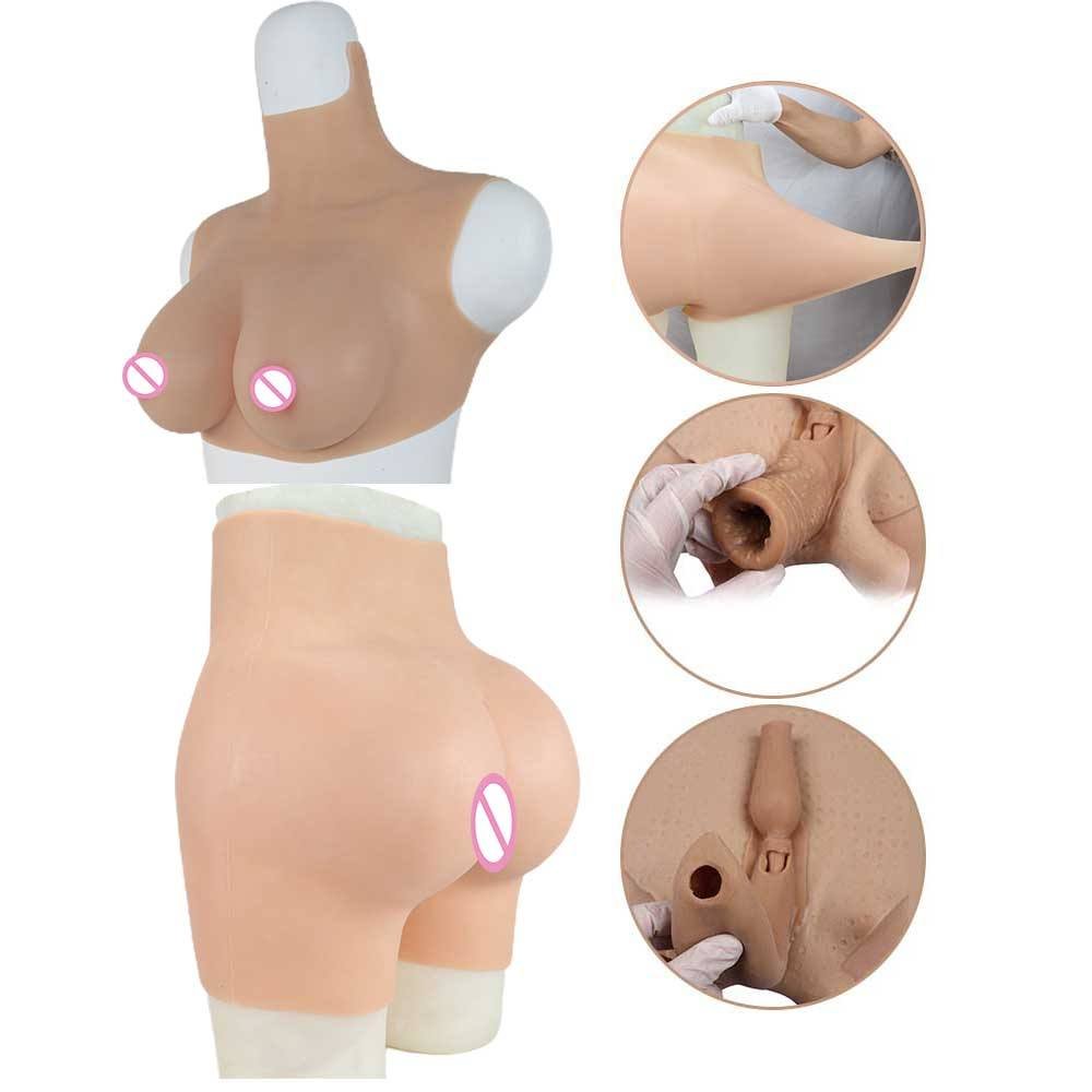 New Fashion Silicone Boobs+Silicone Vagina Pants With 0.8 cm Buttocks Set Breast Form For Crossdresser Sissy Male To Female