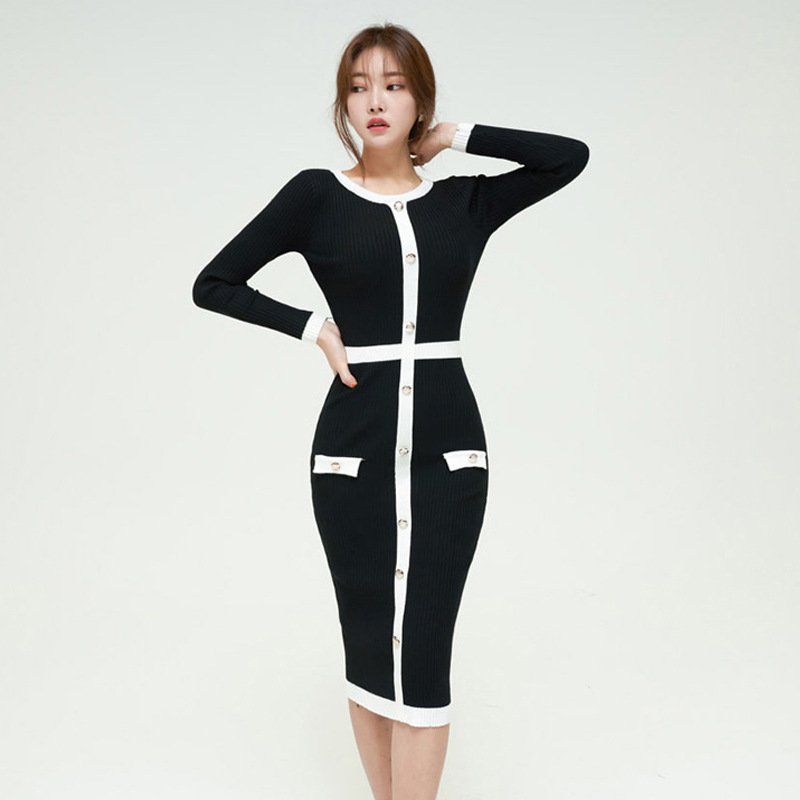 2024 Spring and Autumn Version Slim Fit Medium Length Woolen Dress Color Block Single breasted Knitted Dress