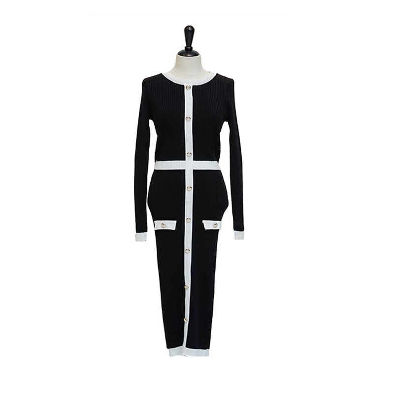 2024 Spring and Autumn Version Slim Fit Medium Length Woolen Dress Color Block Single breasted Knitted Dress
