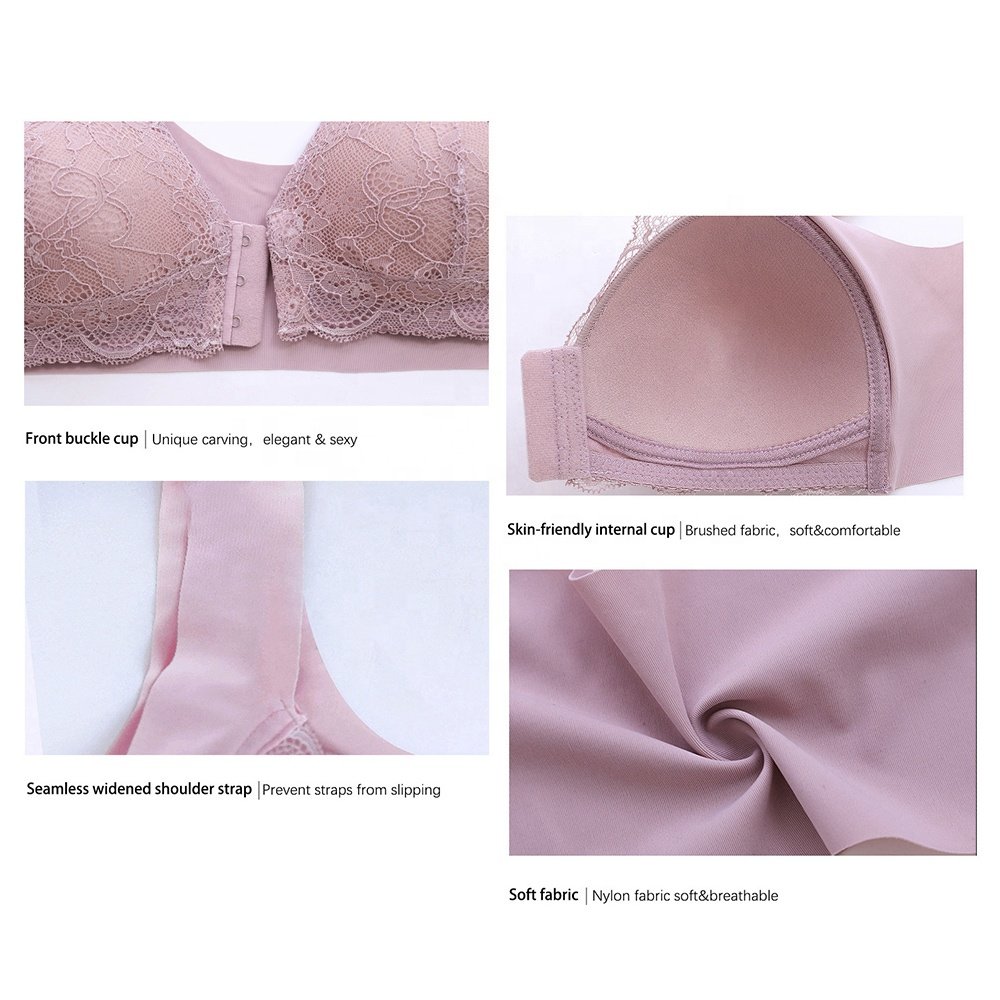 Hotsell Amazon Sexy Lace Bra Front Closure Hook Builtup Posture Back Support Wirefree Plus Size (M-3XL) Leisure Elegant Pushup Bra