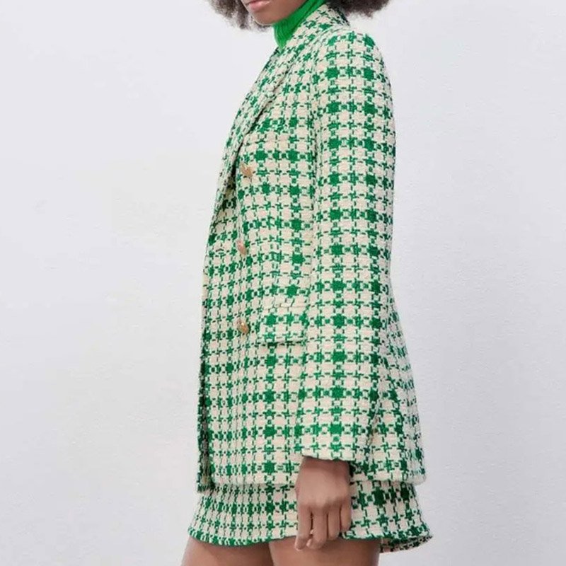 Elegant Women Double Breasted Jacket Green Plaid Ladies Suit