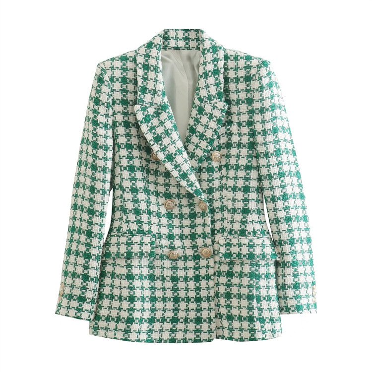 Elegant Women Double Breasted Jacket Green Plaid Ladies Suit