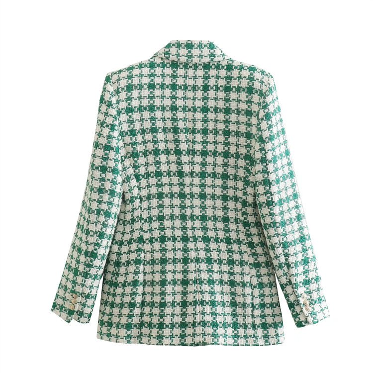 Elegant Women Double Breasted Jacket Green Plaid Ladies Suit