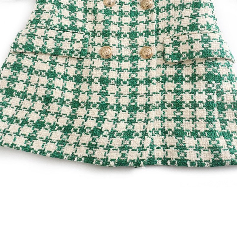 Elegant Women Double Breasted Jacket Green Plaid Ladies Suit