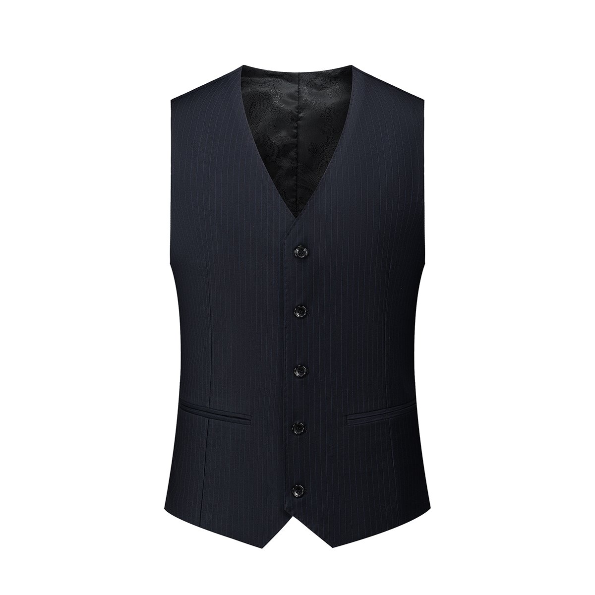 Men's Navy blue Two-Button 3-Piece Narrow Stripe Single Breasted Business Style with V-Neck Collar Closure Bridegroom Suit 9103