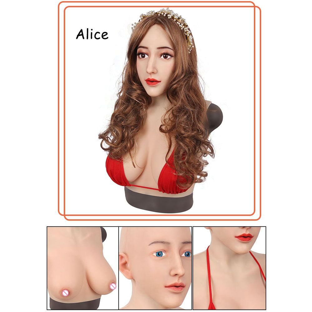 URCHOICE Artificial crossdresser realistic female silicone mask with cotton silicone breast form D cup for transgender sh