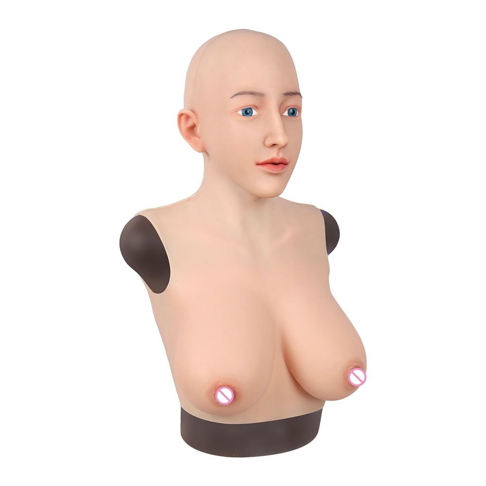 URCHOICE Artificial crossdresser realistic female silicone mask with cotton silicone breast form D cup for transgender sh