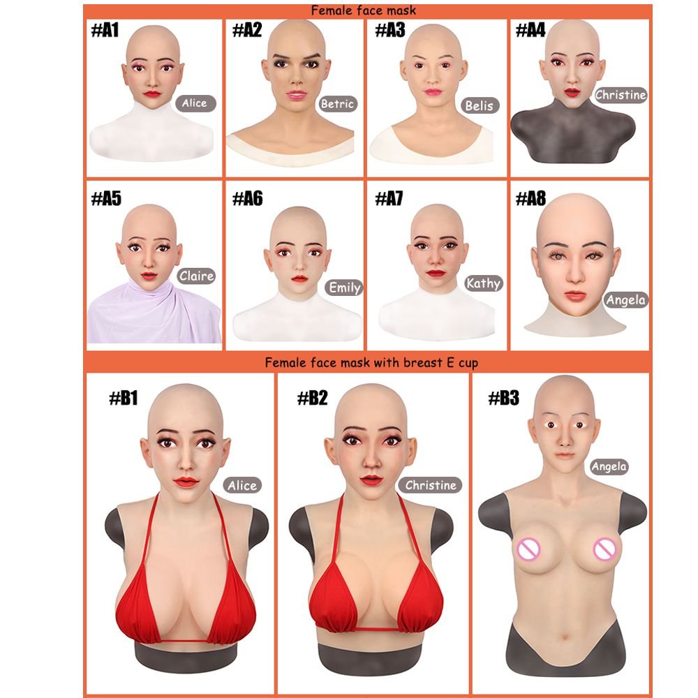 URCHOICE Artificial crossdresser realistic female silicone mask with cotton silicone breast form D cup for transgender sh