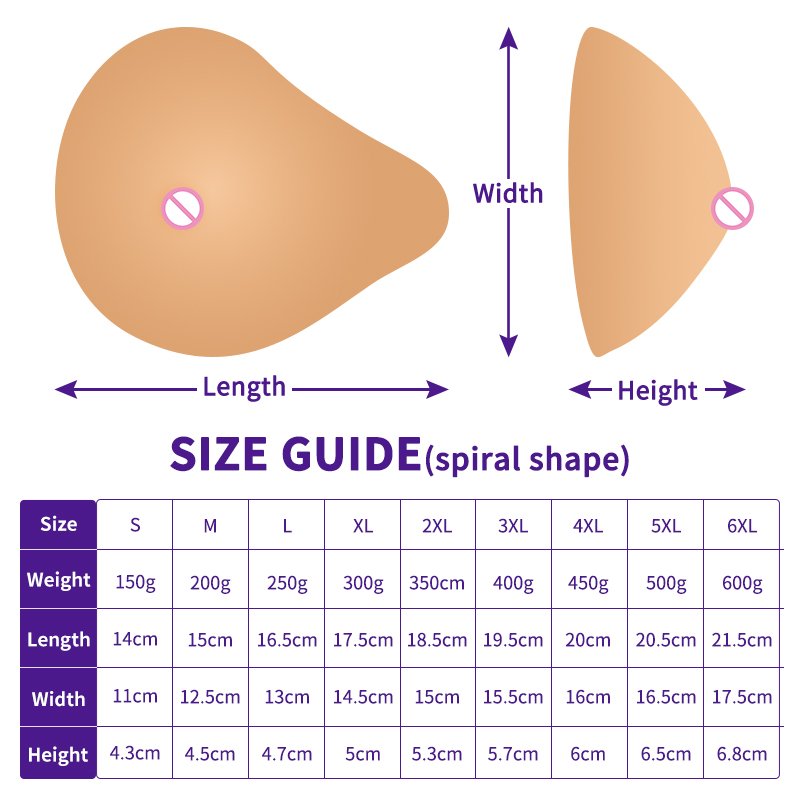 new design women light weight breathable spiral shape silicone false breast form for mastectomy