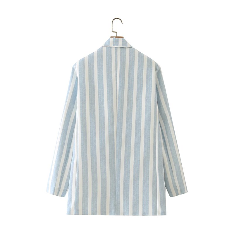 Women Single Breasted Coat Striped Light Blue Ladies Suit