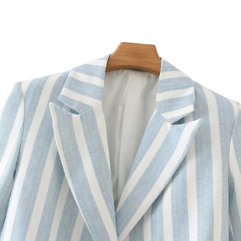 Women Single Breasted Coat Striped Light Blue Ladies Suit