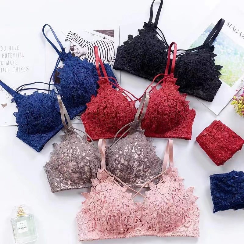 Summer Thin Cup Hollow Embroidered Lace Triangle Cup Face Cross Ribbon Sexy push up bra set for Women