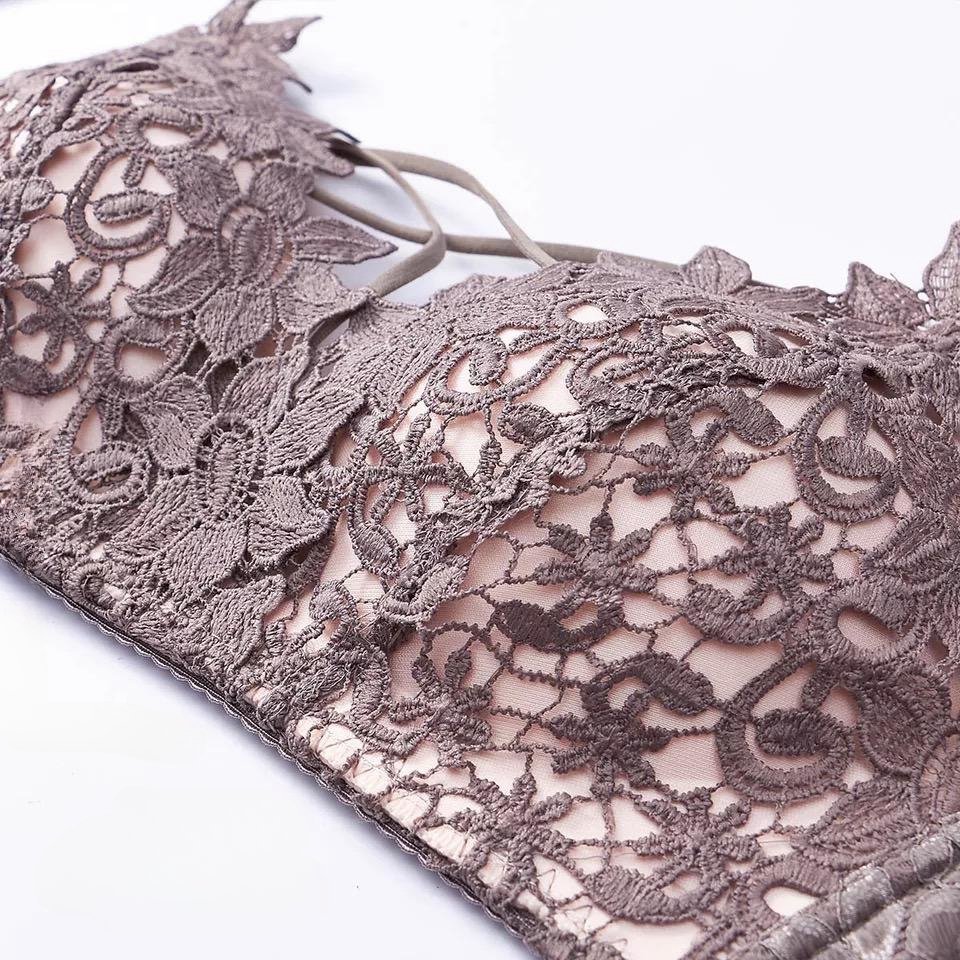 Summer Thin Cup Hollow Embroidered Lace Triangle Cup Face Cross Ribbon Sexy push up bra set for Women