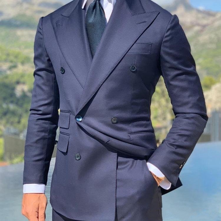 HD144 Handsome Mens Custom 2 Pieces Suits For Wedding Groom Wear Double Breasted Peaked Lapel Slim Fit Tuxedo Best Man Blazer