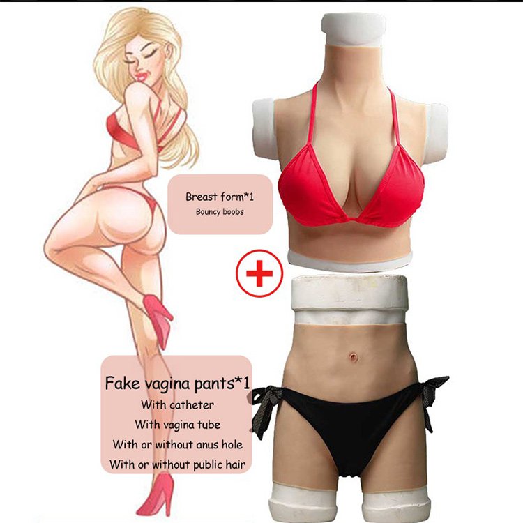 URCHOICE Realistic Cheap High collar fake breast Silicone breast form fake boobs with artificial pussy pants for crossdresser