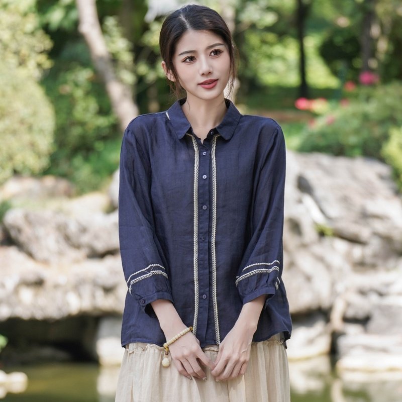 2024 New women's top Linen shirt collar summer shirt with long sleeves Solid color single-breasted button-up shirt