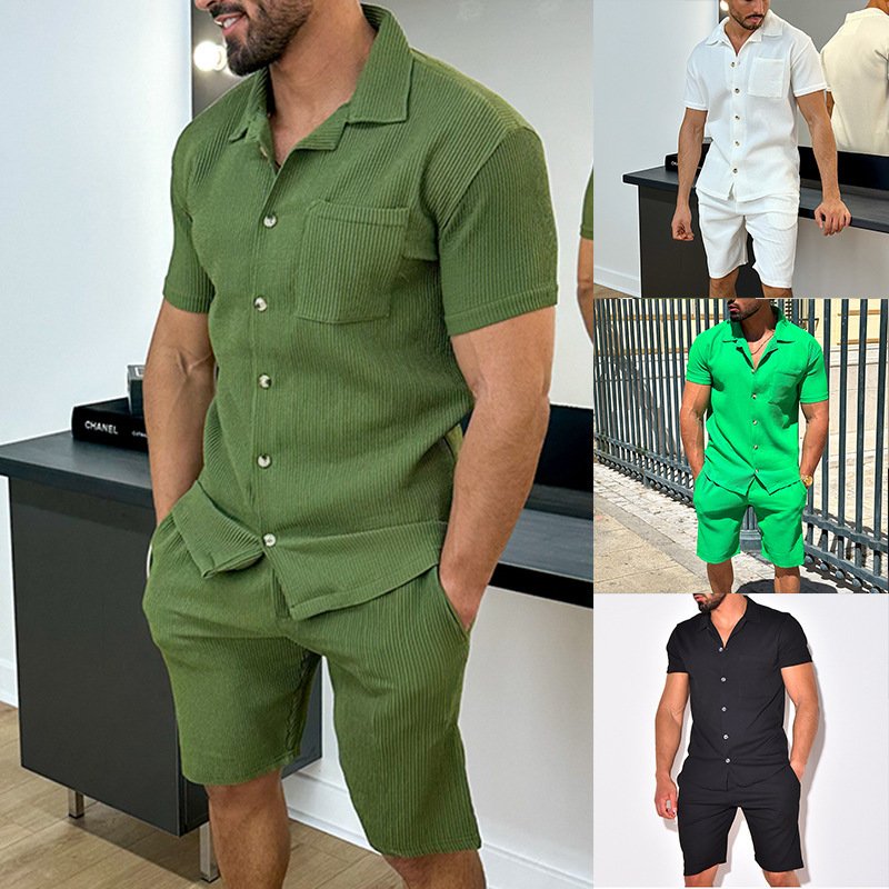 Summer Men Short Sets 2 Pieces Turn-down Collar Slim Fit Solid Party Coat Trousers Single Breasted Sports Wear men's suit