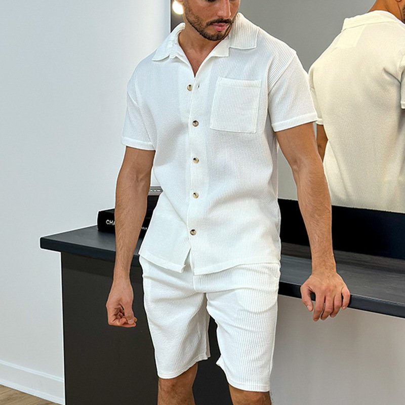 Summer Men Short Sets 2 Pieces Turn-down Collar Slim Fit Solid Party Coat Trousers Single Breasted Sports Wear men's suit