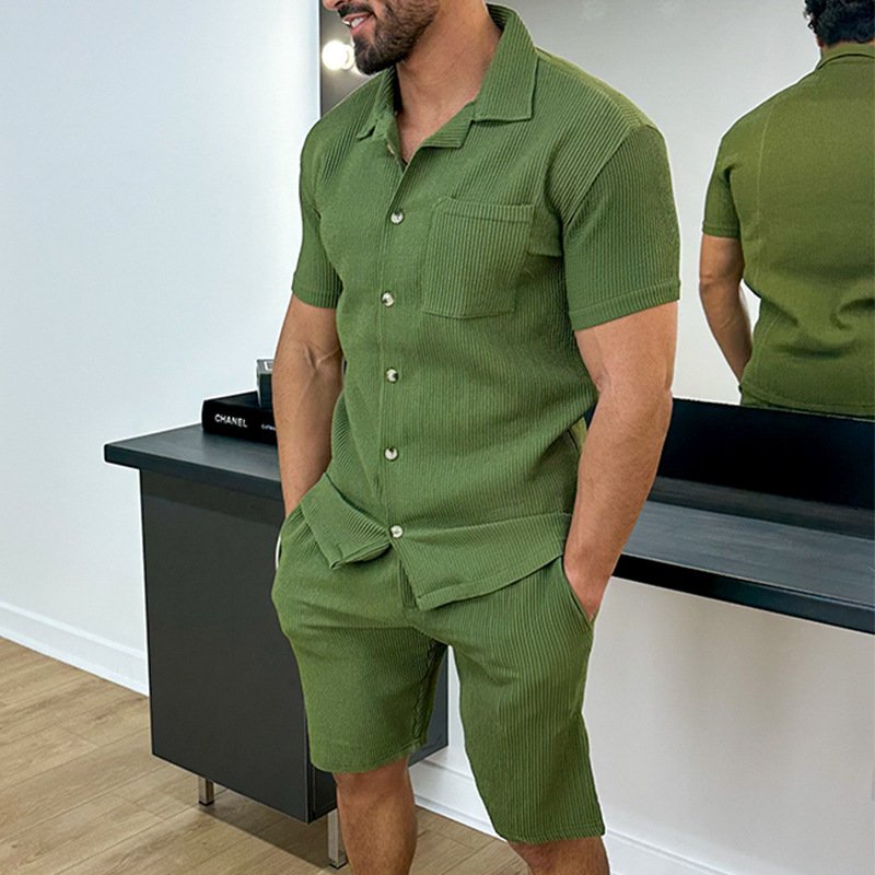 Summer Men Short Sets 2 Pieces Turn-down Collar Slim Fit Solid Party Coat Trousers Single Breasted Sports Wear men's suit