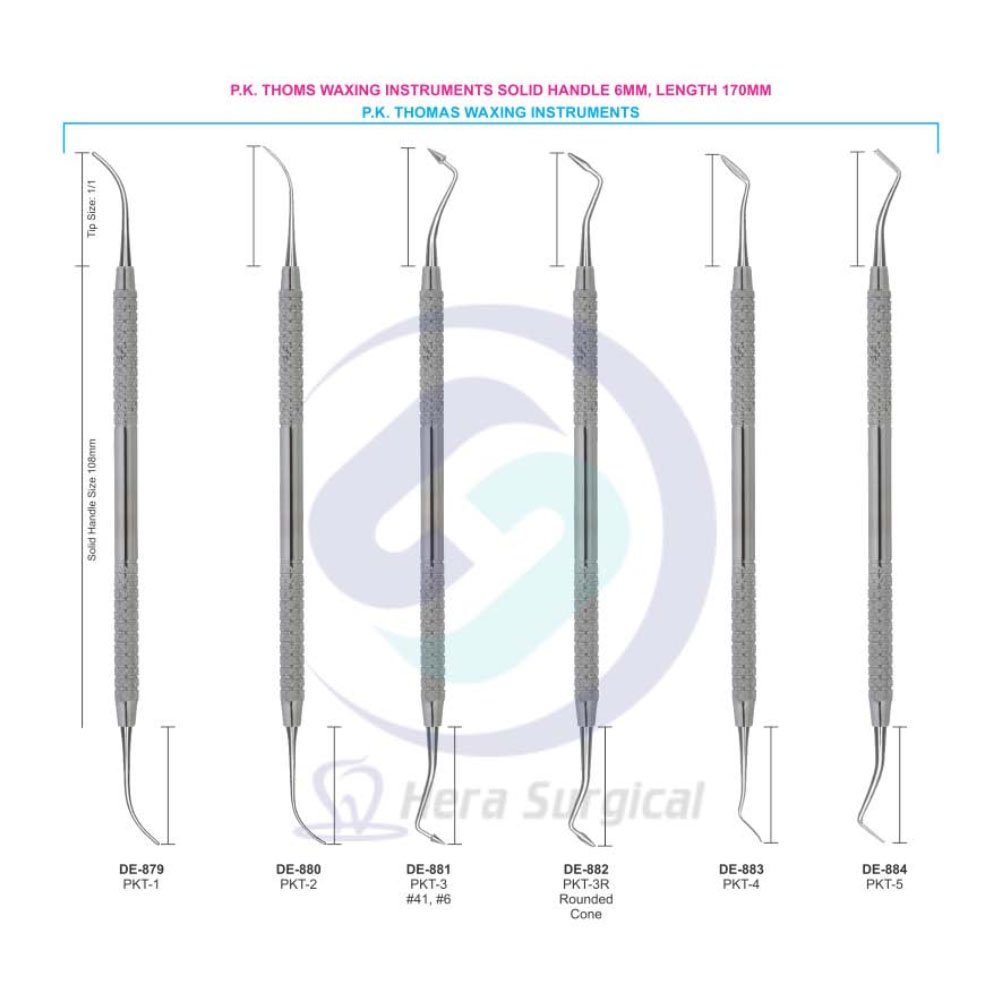 Carver P.K Thomas Waxing set of 5 pcs instruments solid handle 6 mm, length 170 mm, dental equipment