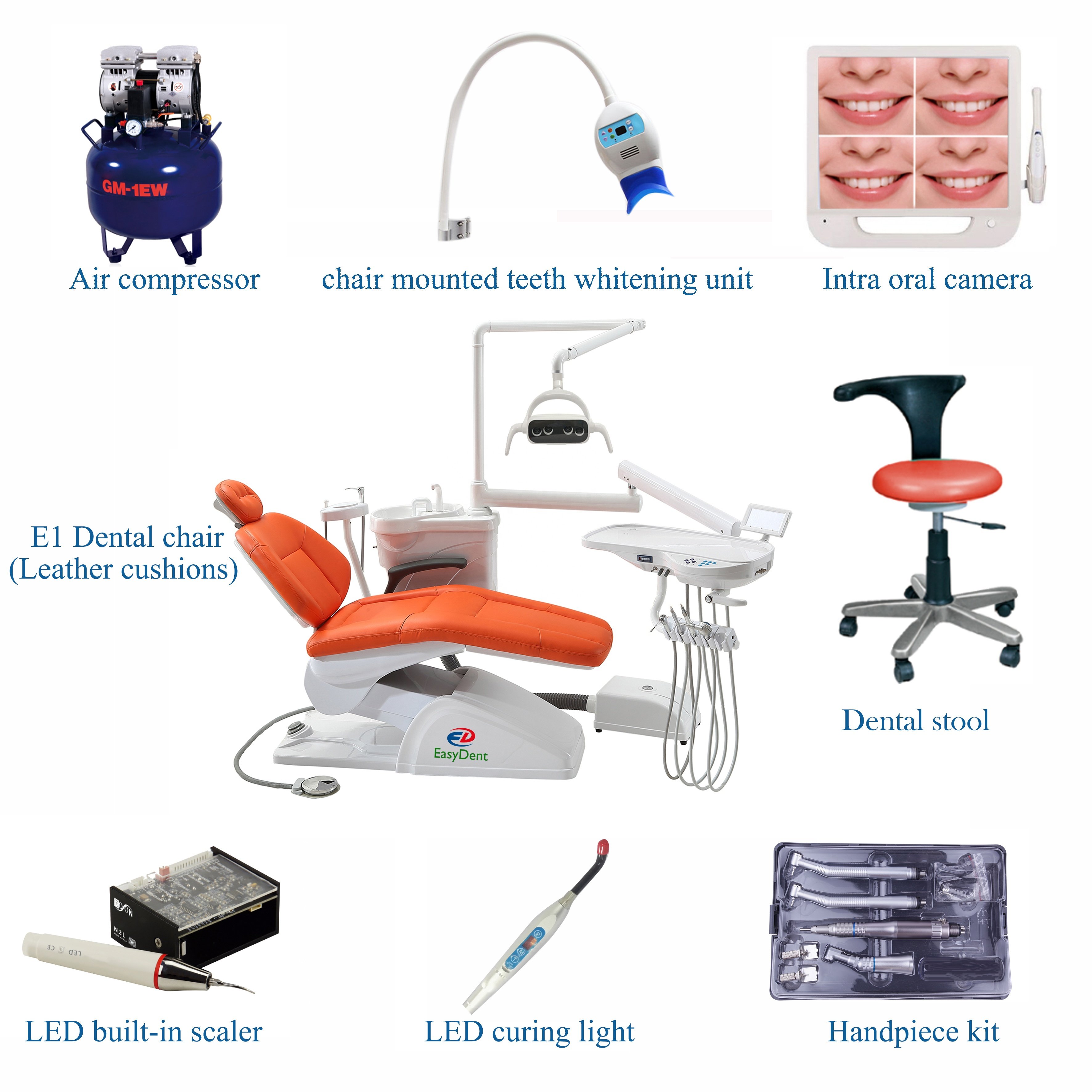 Complete Set Economic and Cheaper Type Dental Unit Chair with Dentist Stool Scaler Curing Light Handpiece Air Compressor Camera