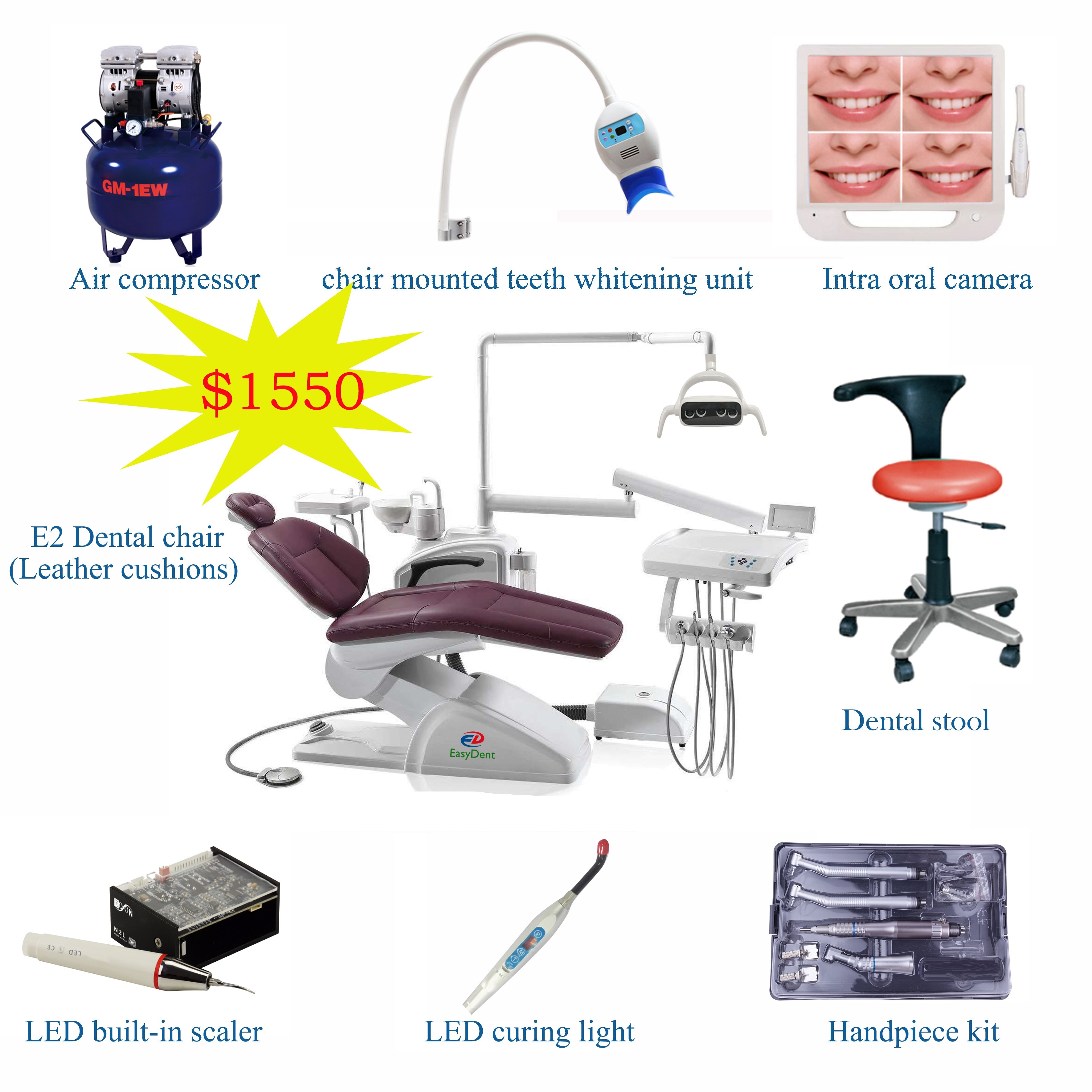 Complete Set Economic and Cheaper Type Dental Unit Chair with Dentist Stool Scaler Curing Light Handpiece Air Compressor Camera