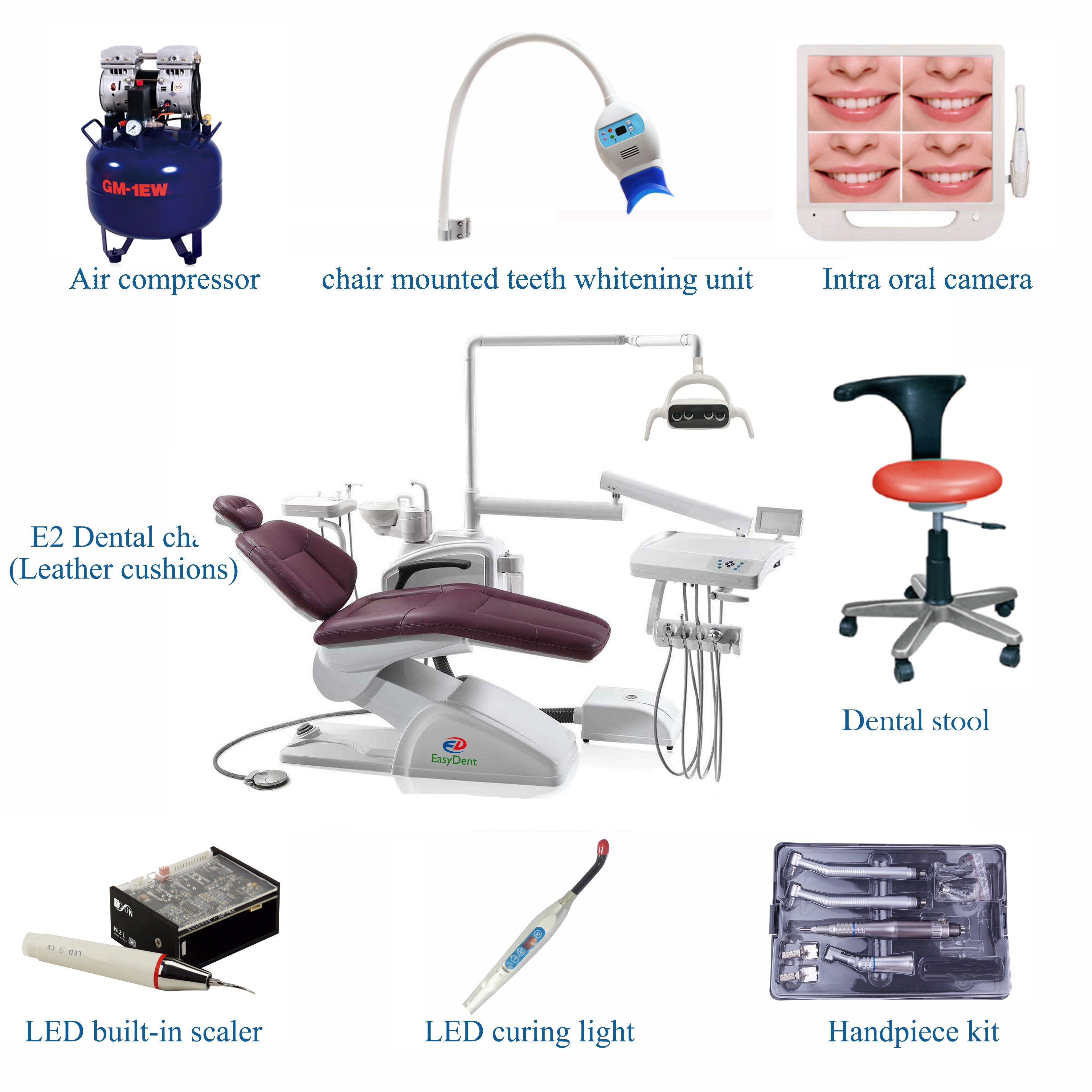 Complete Set Economic and Cheaper Type Dental Unit Chair with Dentist Stool Scaler Curing Light Handpiece Air Compressor Camera