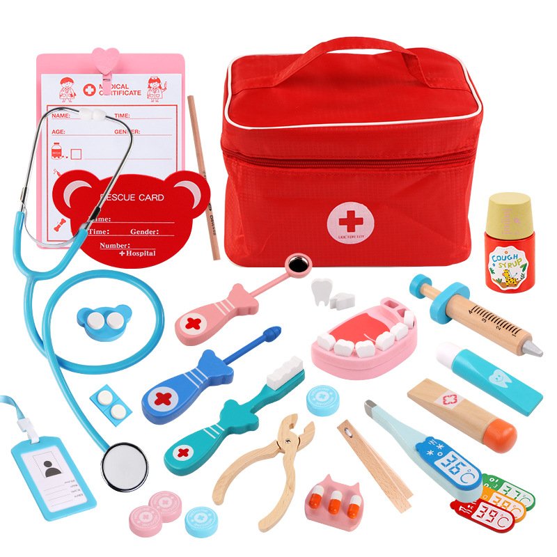 Wooden Medical Equipment Medicine Box Role Kit Simulation Pretend Play Nurses Dentist Auscultation Doctor Toys For Children