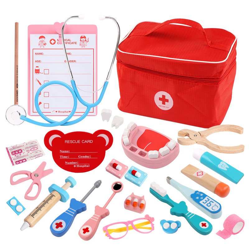 Wooden Medical Equipment Medicine Box Role Kit Simulation Pretend Play Nurses Dentist Auscultation Doctor Toys For Children