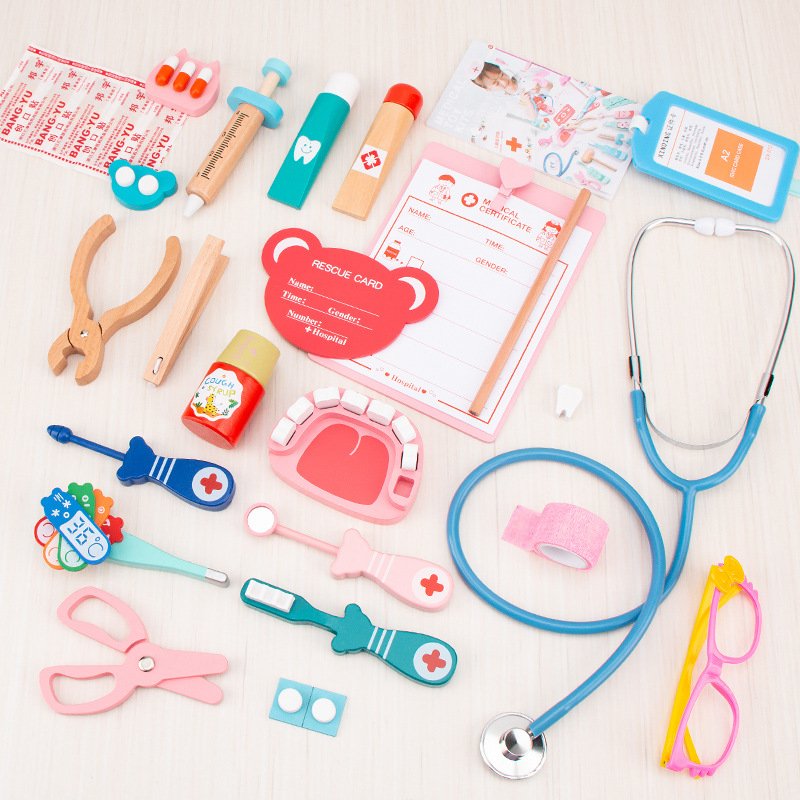 Wooden Medical Equipment Medicine Box Role Kit Simulation Pretend Play Nurses Dentist Auscultation Doctor Toys For Children