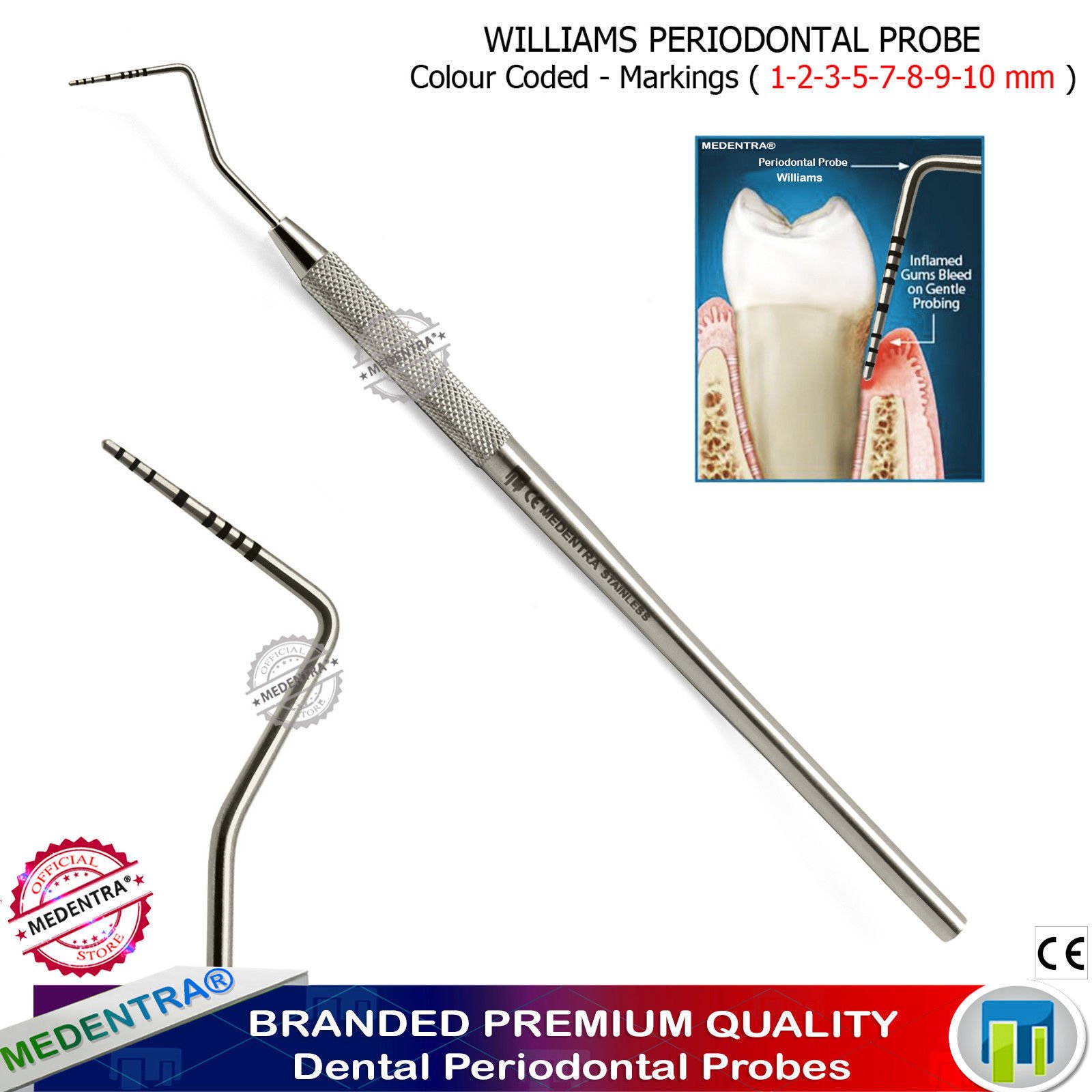 Precision Dental Periodontal Pocket Probe Williams CPITN Probes Tweezer Mirror Handle Student Hygienist Dentists Tools X6