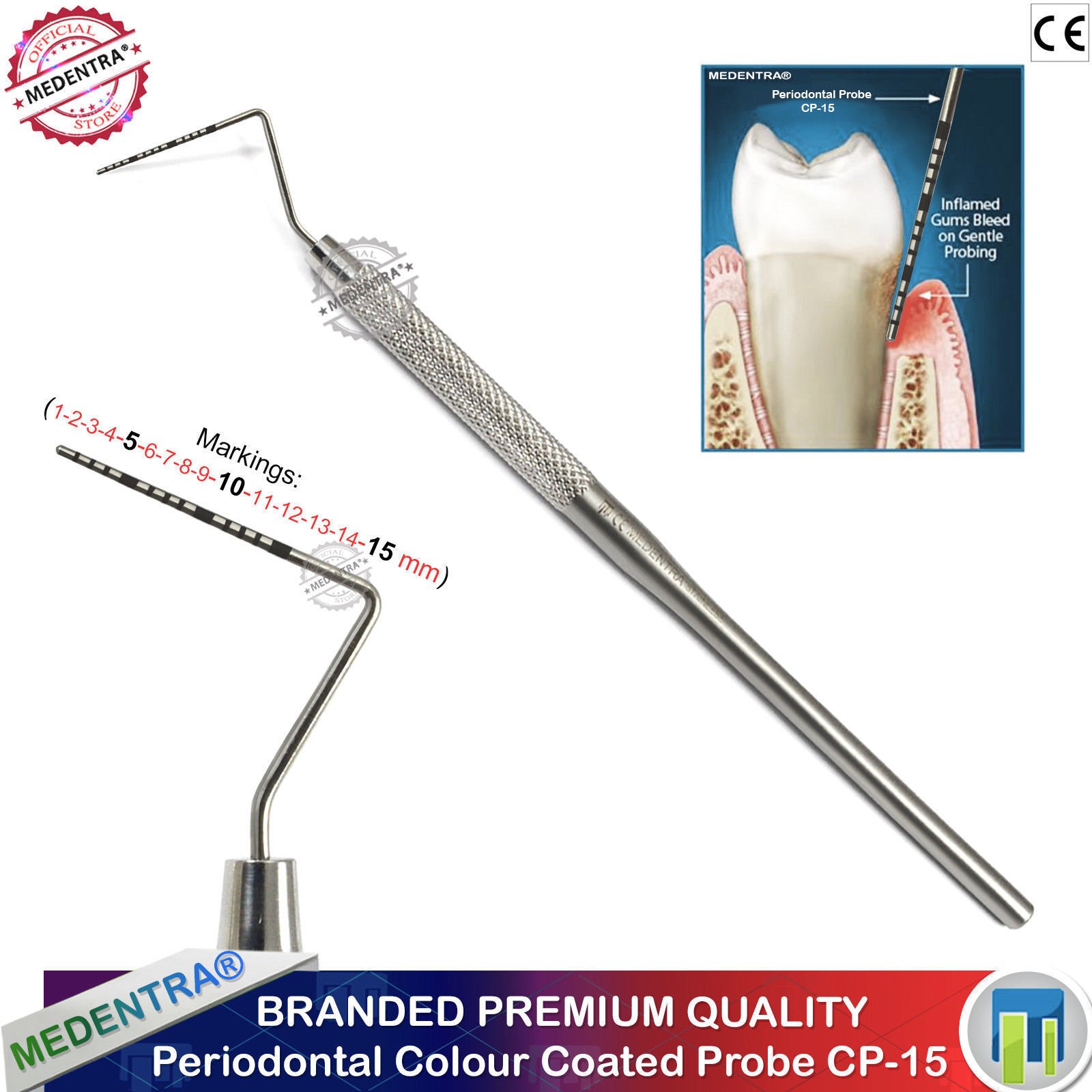 Precision Dental Periodontal Pocket Probe Williams CPITN Probes Tweezer Mirror Handle Student Hygienist Dentists Tools X6